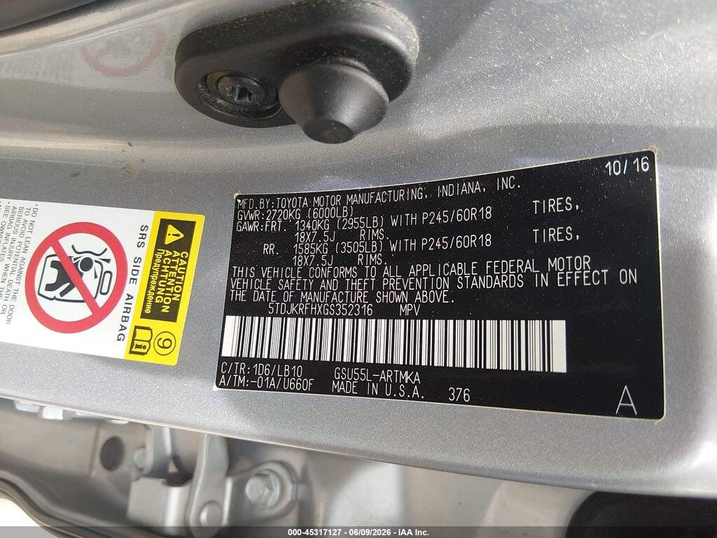 5TDJKRFHXGS352316 2016 TOYOTA HIGHLANDER photo no. 9