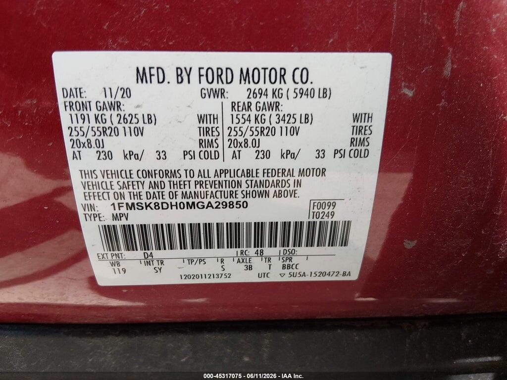 1FMSK8DH0MGA29850 2021 FORD EXPLORER photo no. 9