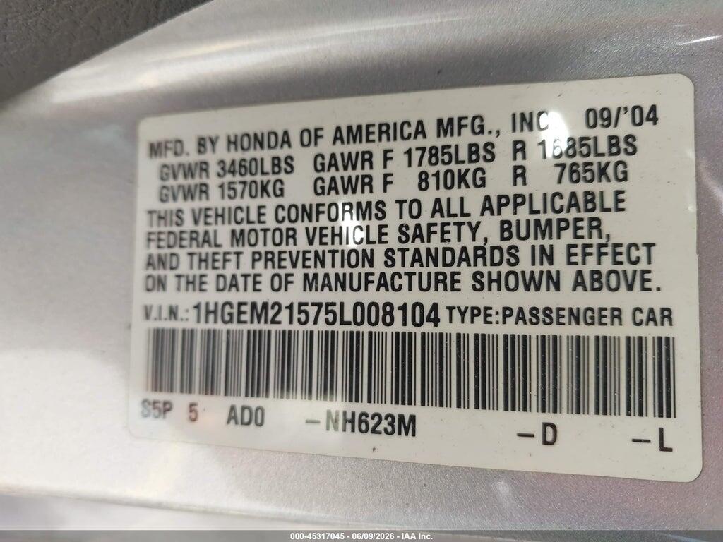 1HGEM21575L008104 2005 HONDA CIVIC photo no. 9