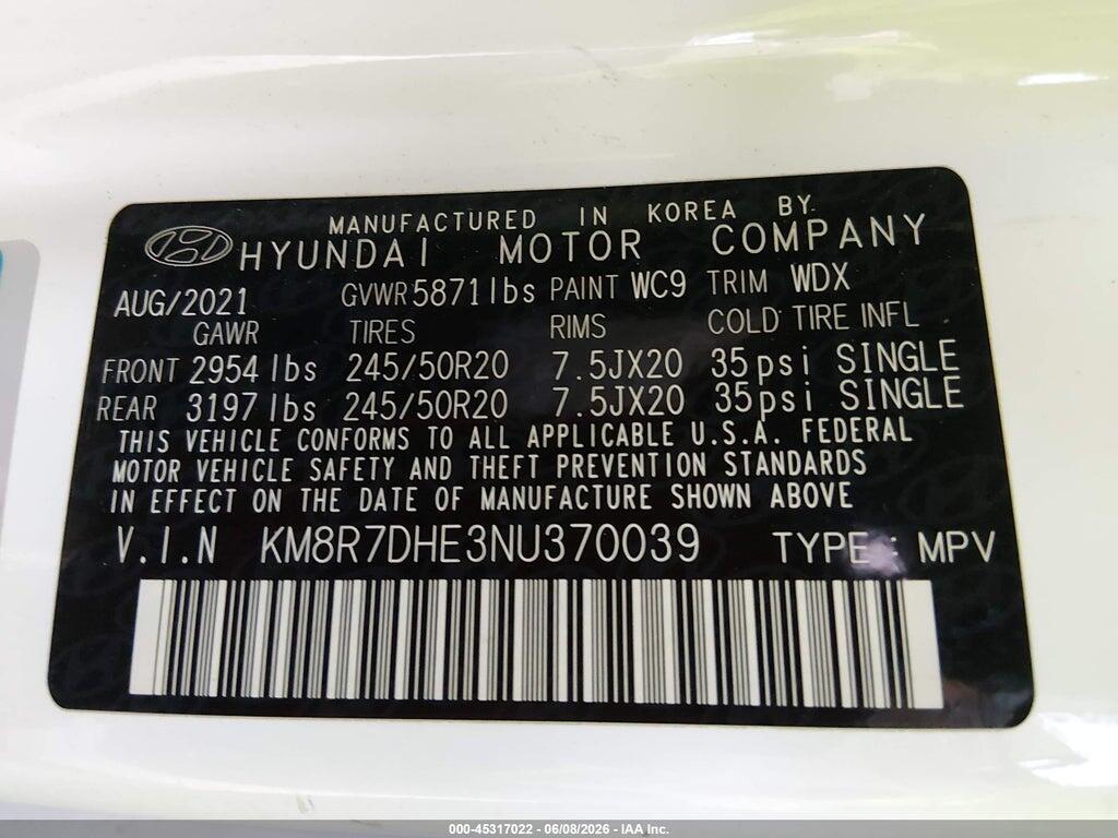 KM8R7DHE3NU370039 2022 HYUNDAI PALISADE photo no. 9