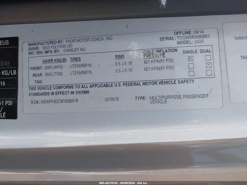 WDAPF4CC4F9599518 2015 MERCEDES-BENZ SPRINTER 3500 photo no. 9