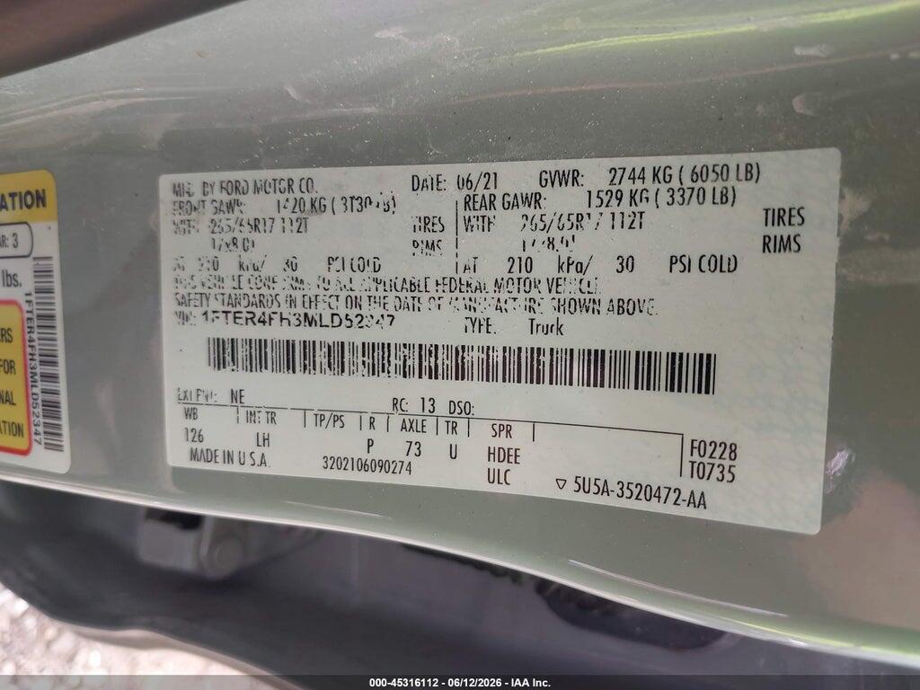 1FTER4FH3MLD52347 2021 FORD RANGER photo no. 9
