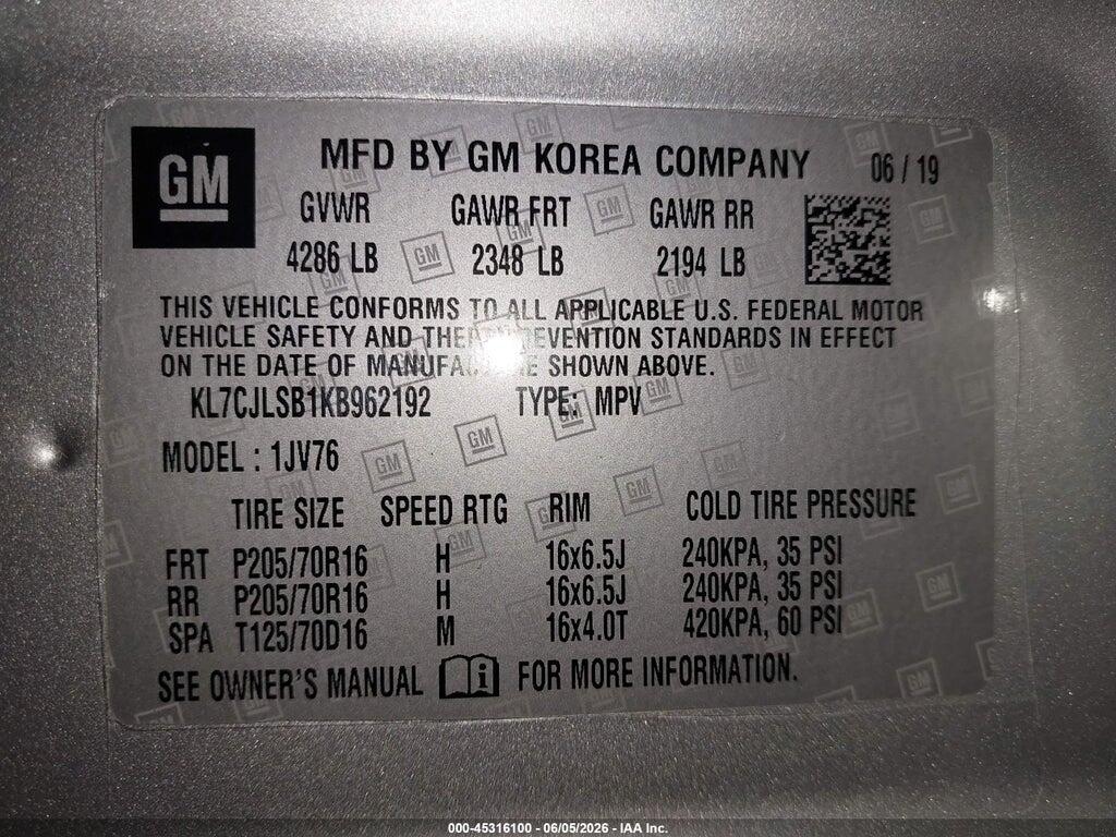 KL7CJLSB1KB962192 2019 CHEVROLET TRAX photo no. 9