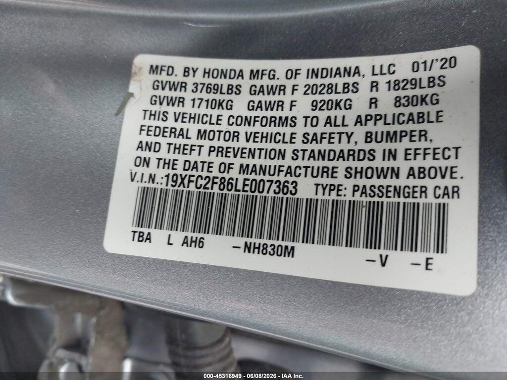 19XFC2F86LE007363 2020 HONDA CIVIC photo no. 9