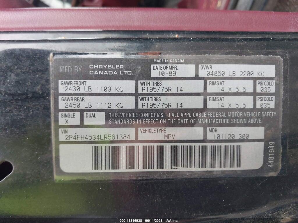 2P4FH4534LR561384 1990 PLYMOUTH VOYAGER photo no. 9
