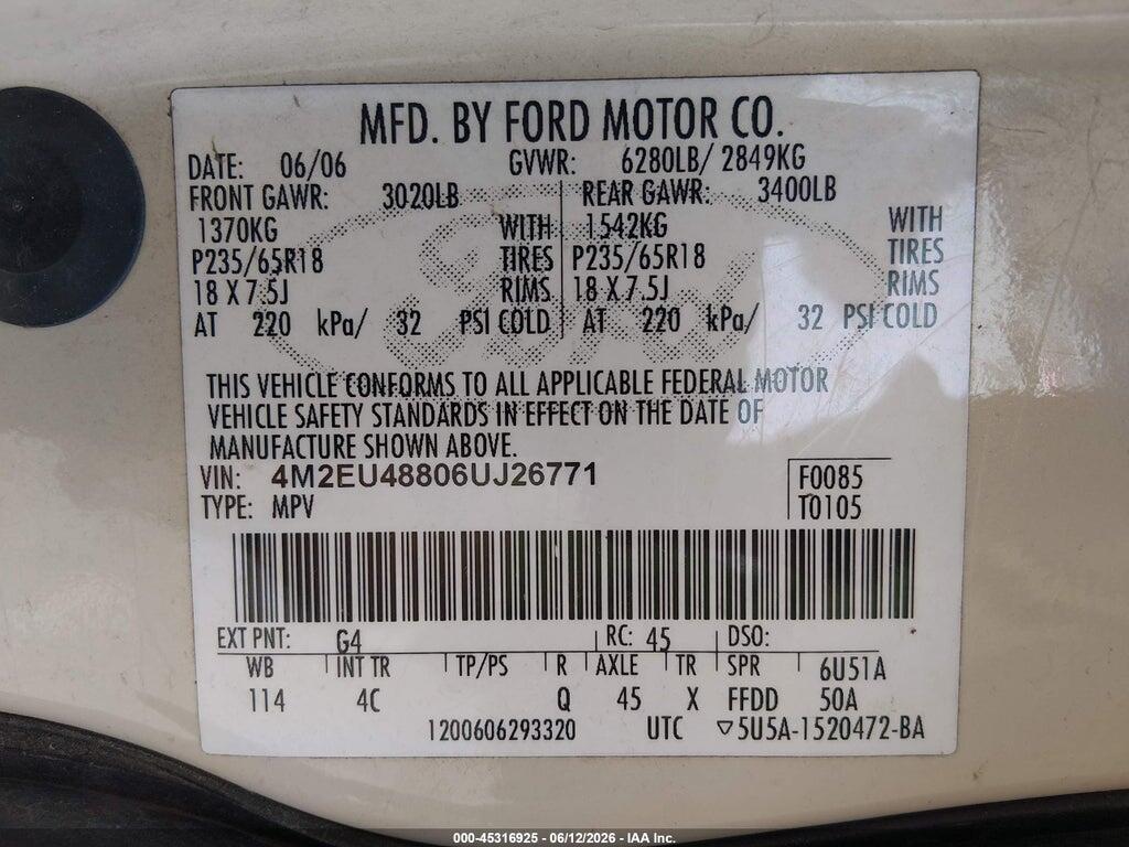 4M2EU48806UJ26771 2006 MERCURY MOUNTAINEER photo no. 9