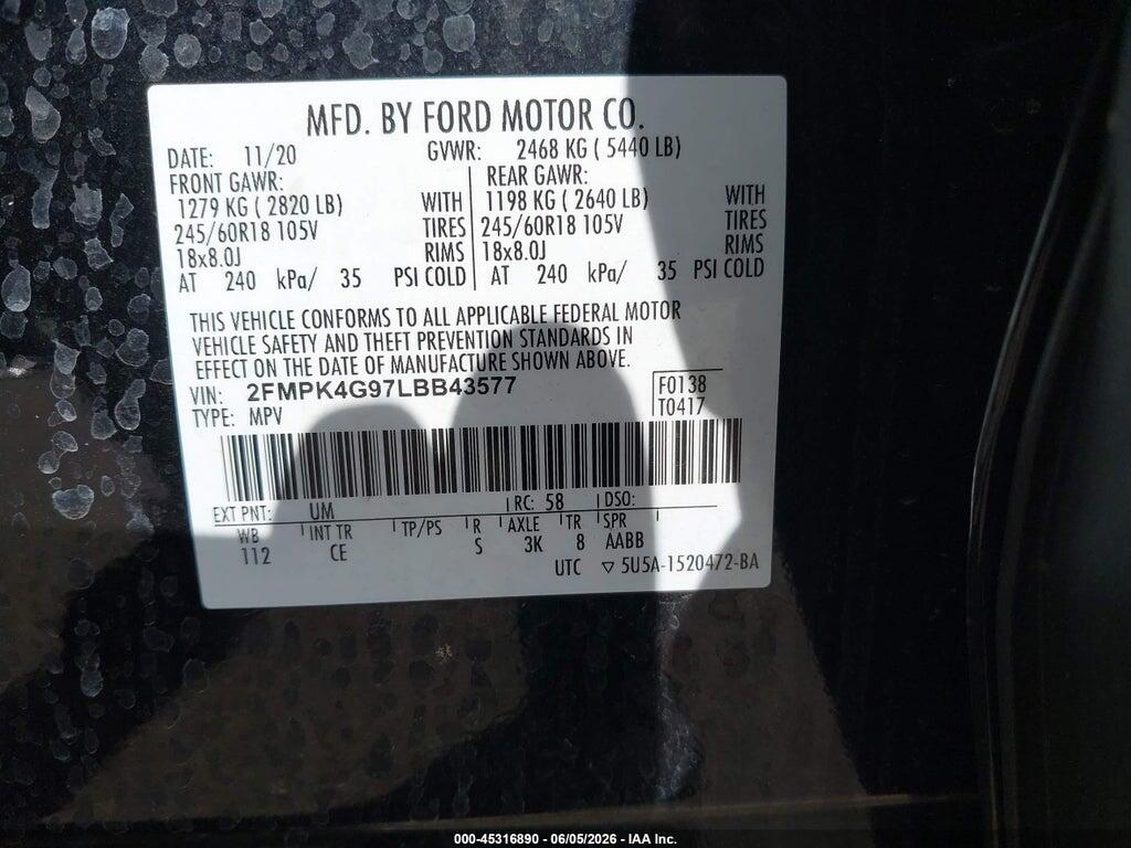 2FMPK4G97LBB43577 2020 FORD EDGE photo no. 9