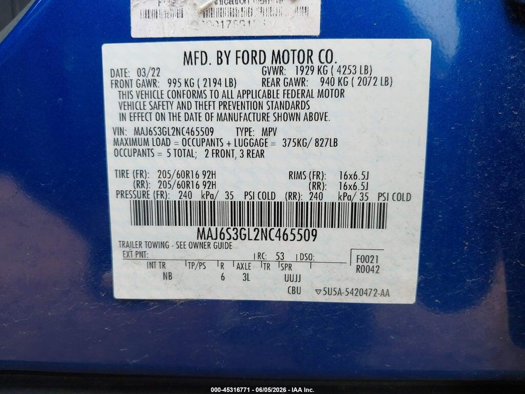 MAJ6S3GL2NC465509 2022 FORD ECOSPORT photo no. 9
