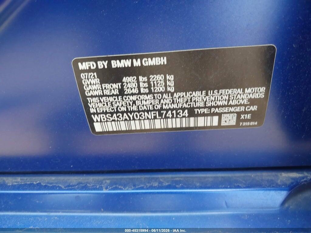 WBS43AY03NFL74134 2022 BMW M3 photo no. 9