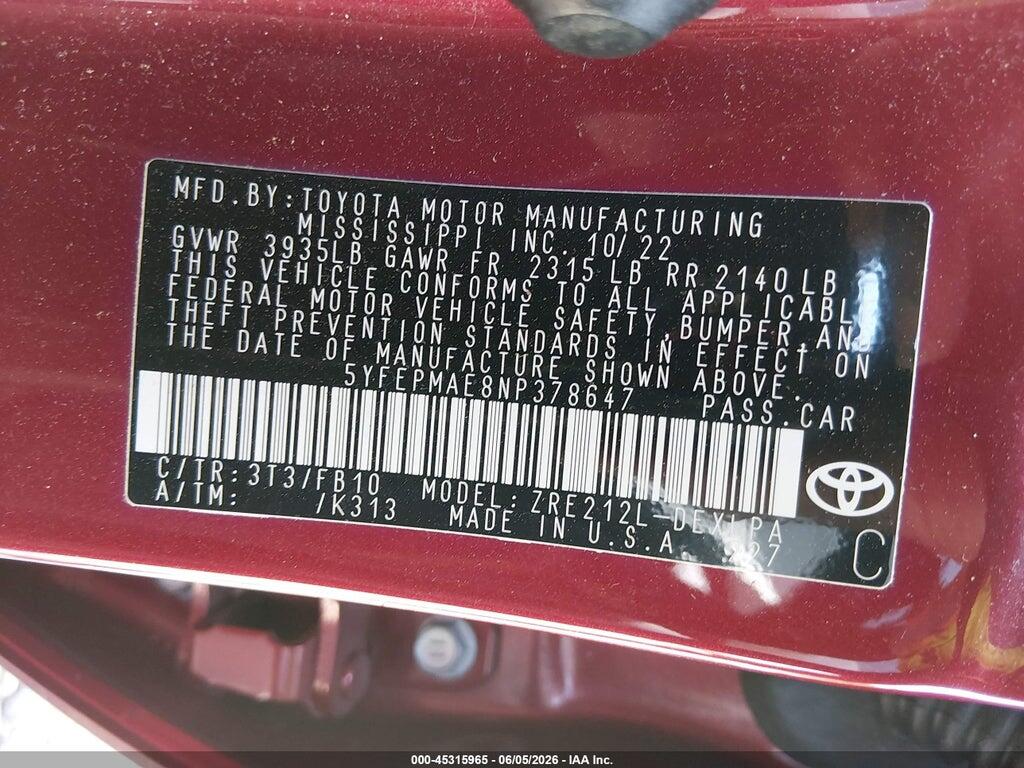5YFEPMAE8NP378647 2022 TOYOTA COROLLA photo no. 9