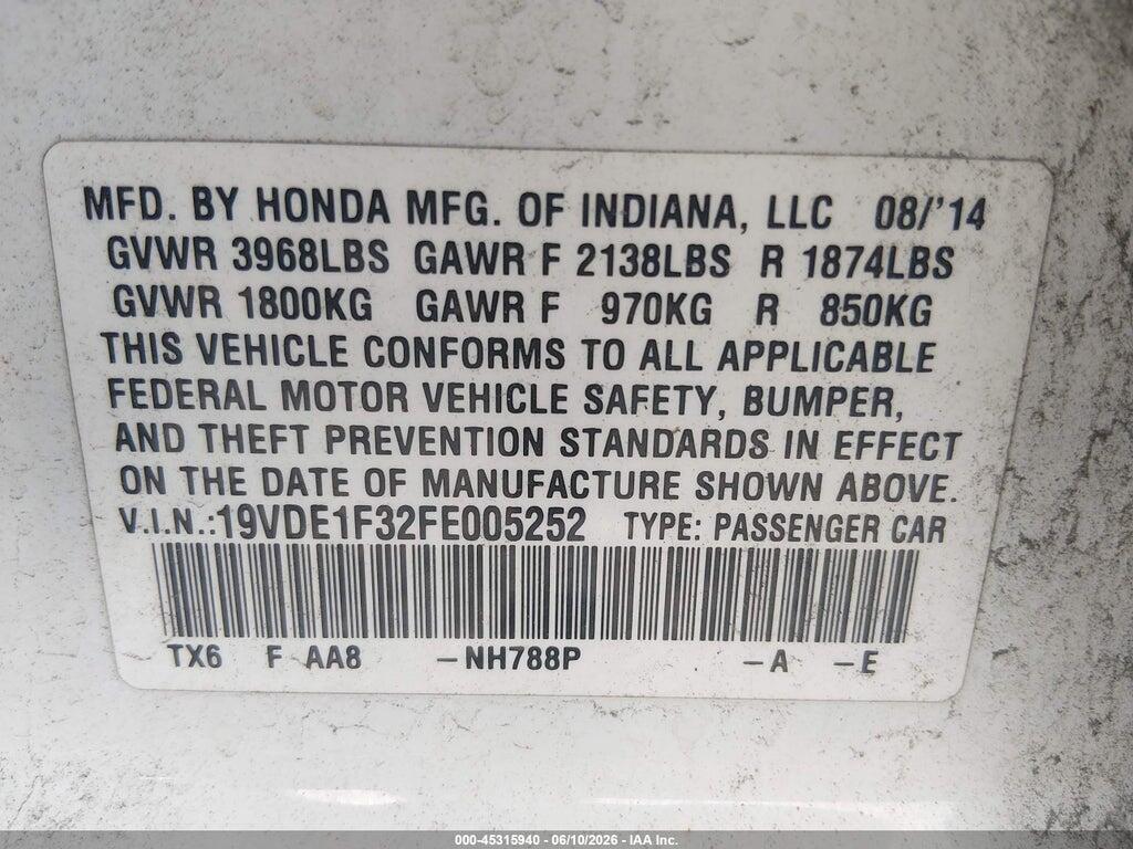 19VDE1F32FE005252 2015 ACURA ILX photo no. 9