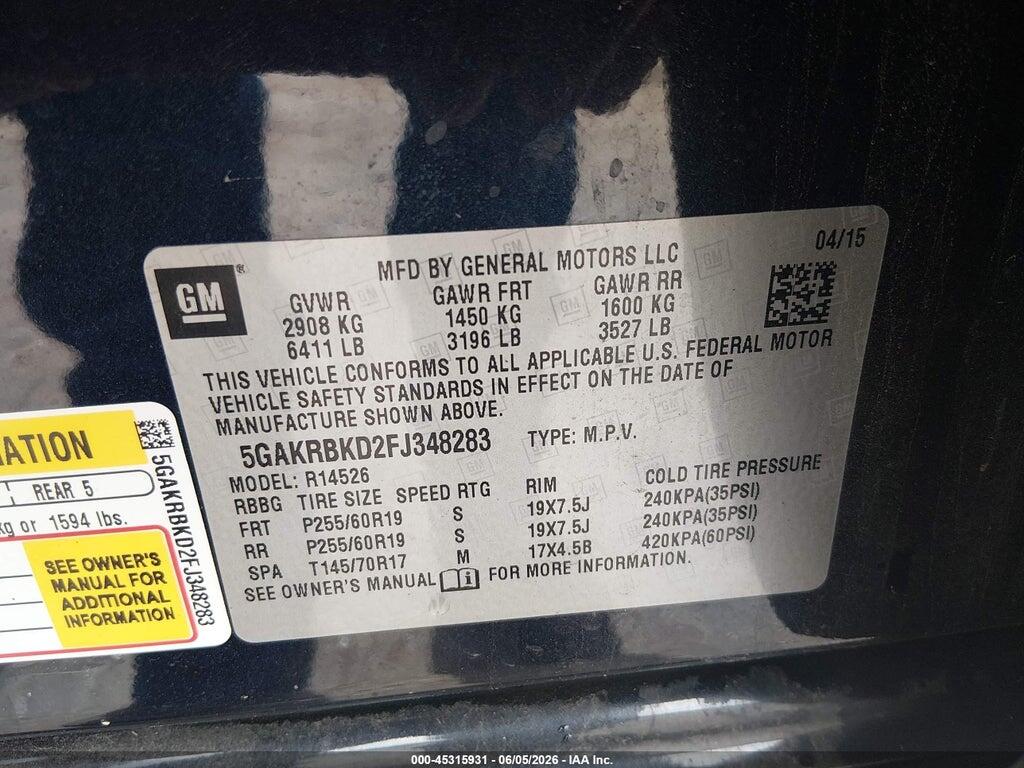 5GAKRBKD2FJ348283 2015 BUICK ENCLAVE photo no. 9