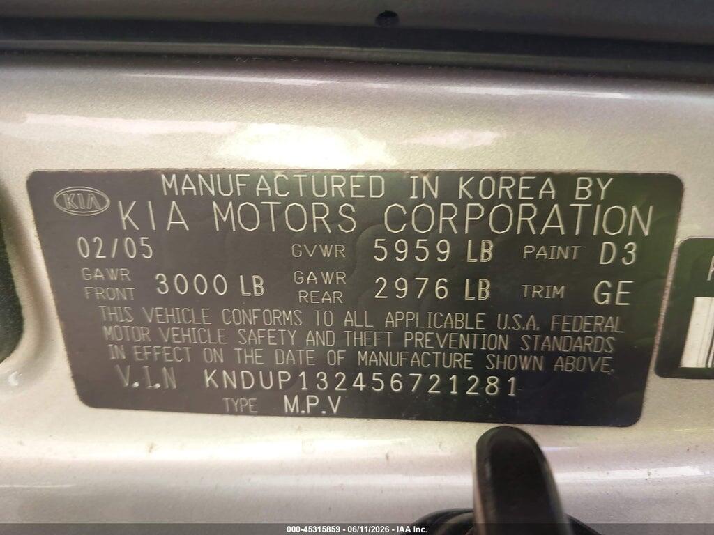 KNDUP132456721281 2005 KIA SEDONA photo no. 9