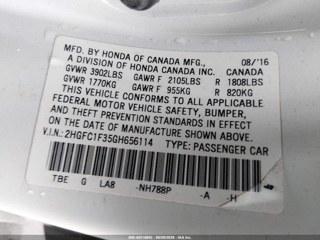 2HGFC1F35GH656114 2016 HONDA CIVIC photo no. 9