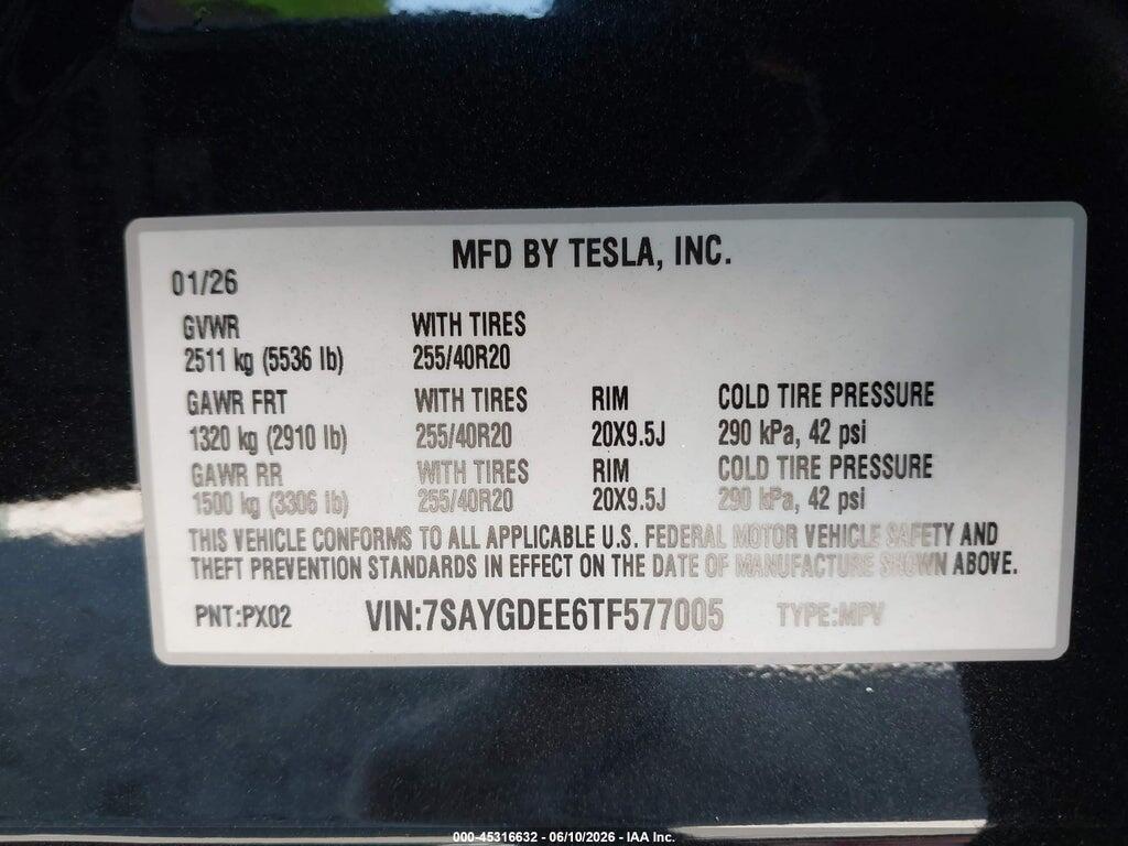7SAYGDEE6TF577005 2026 TESLA MODEL Y photo no. 9