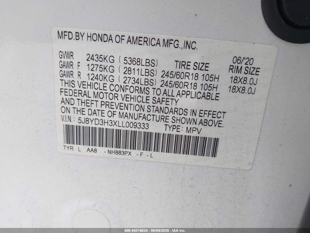 5J8YD3H3XLL009333 2020 ACURA MDX photo no. 9