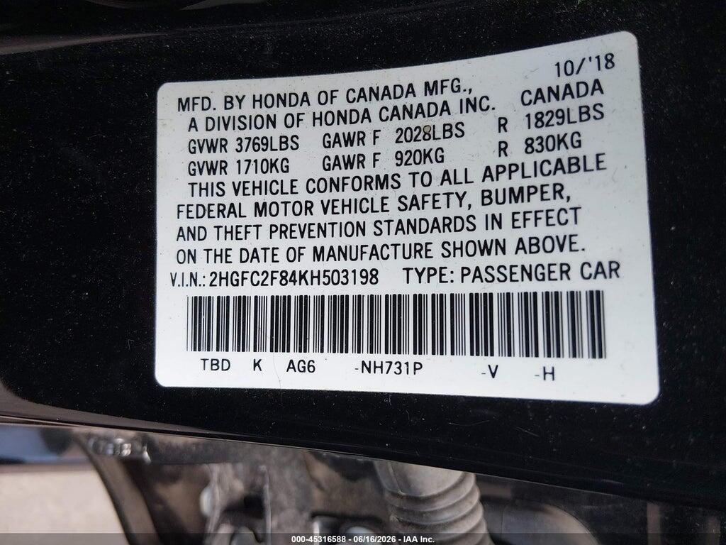 2HGFC2F84KH503198 2019 HONDA CIVIC photo no. 9