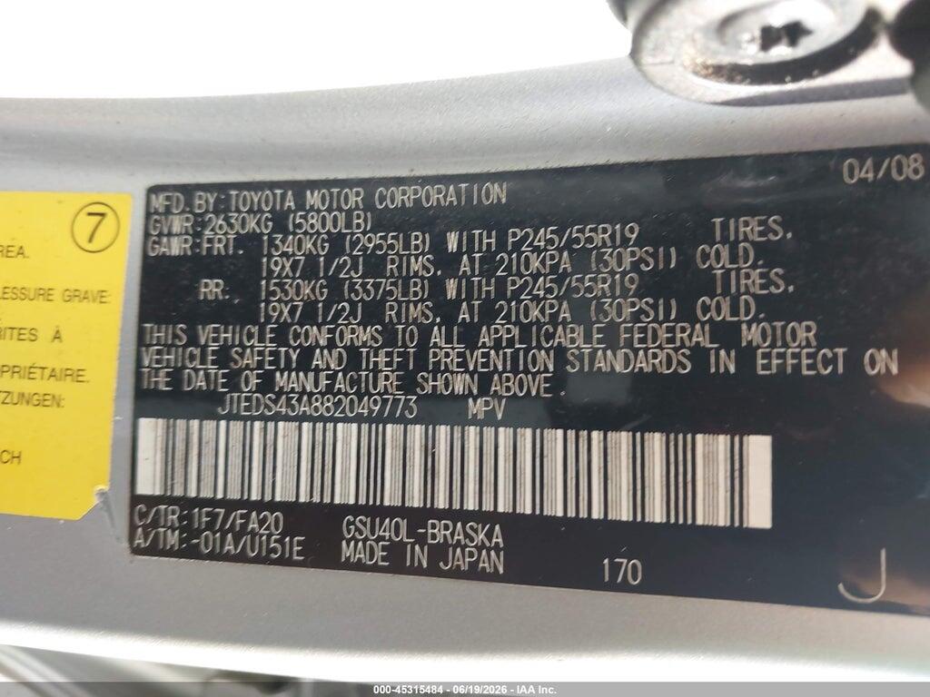 JTEDS43A882049773 2008 TOYOTA HIGHLANDER photo no. 9