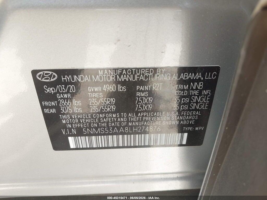 5NMS53AA8LH274876 2020 HYUNDAI SANTA FE photo no. 9