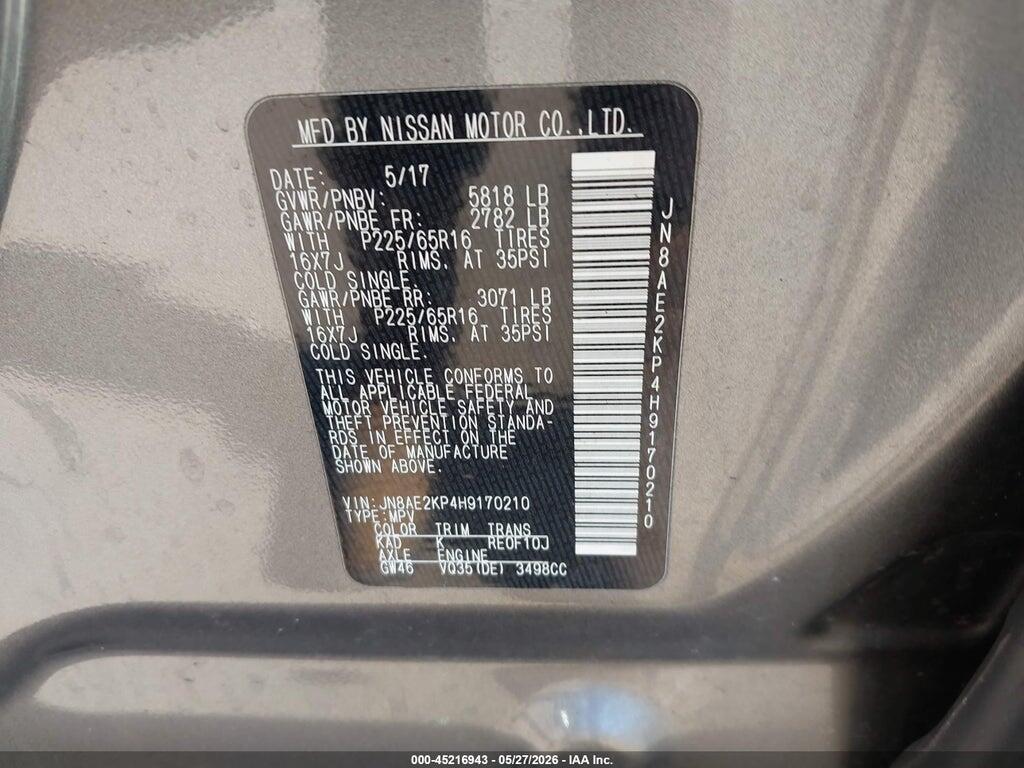 JN8AE2KP4H9170210 2017 NISSAN QUEST photo no. 9