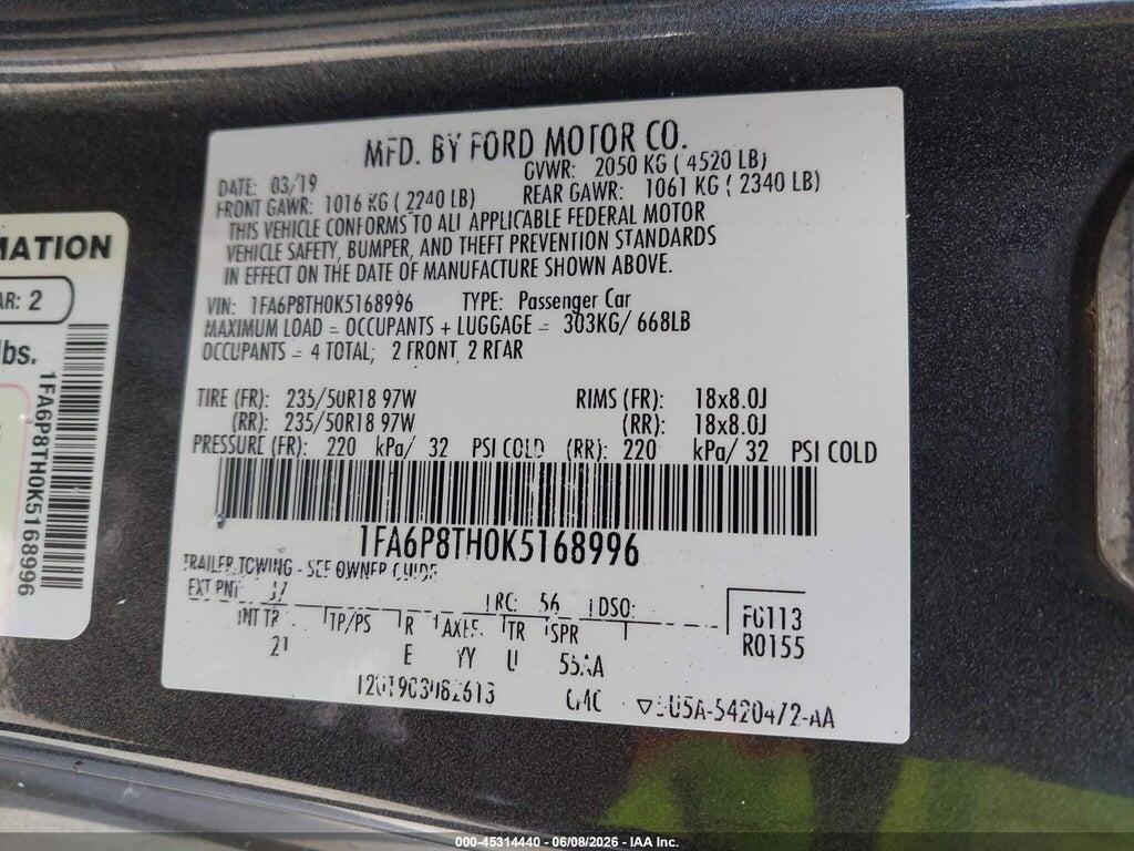 1FA6P8TH0K5168996 2019 FORD MUSTANG photo no. 9