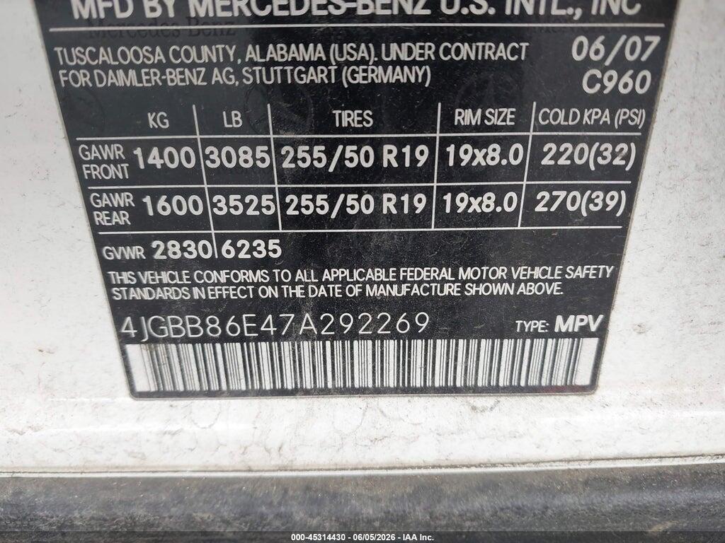 4JGBB86E47A292269 2007 MERCEDES-BENZ ML 350 photo no. 9