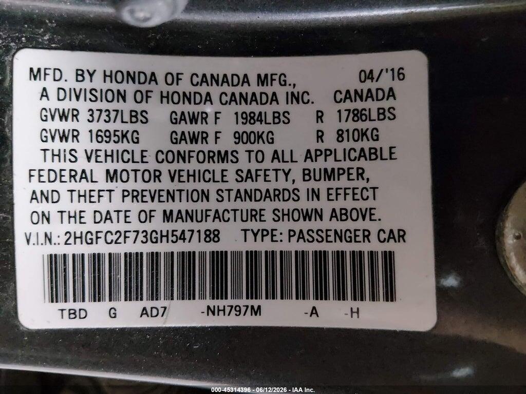 2HGFC2F73GH547188 2016 HONDA CIVIC photo no. 9