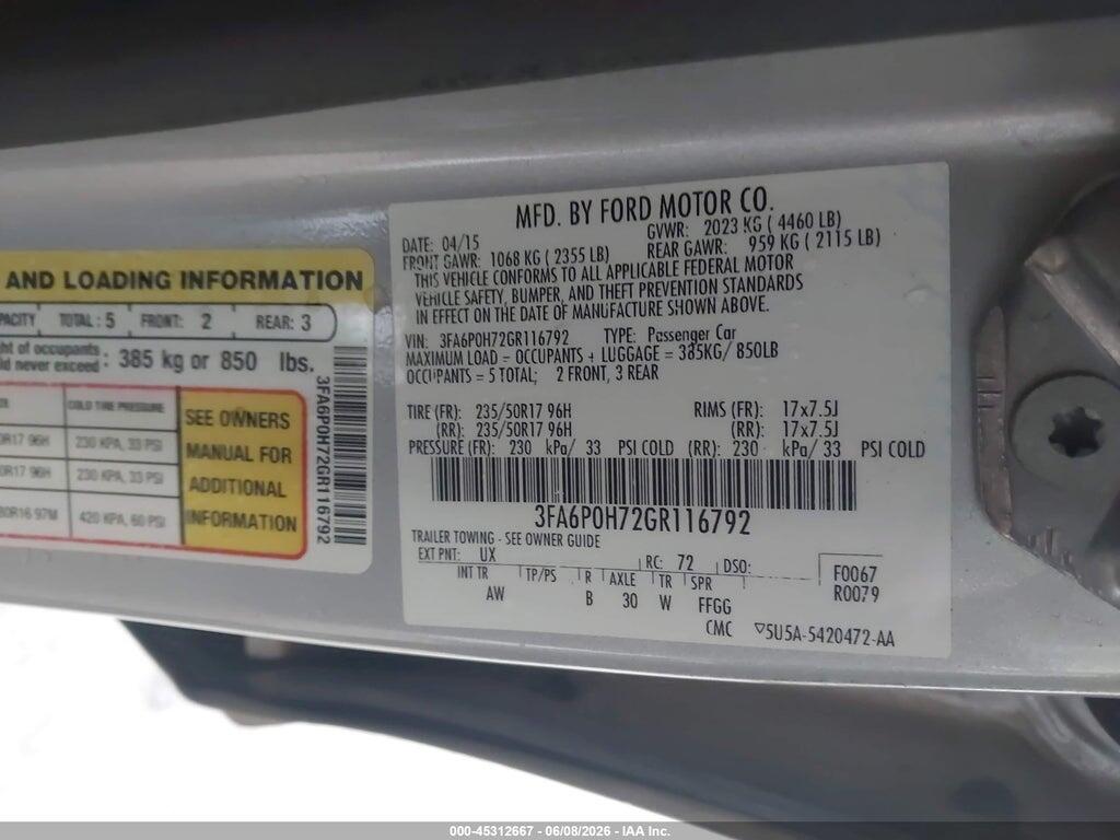 3FA6P0H72GR116792 2016 FORD FUSION photo no. 9