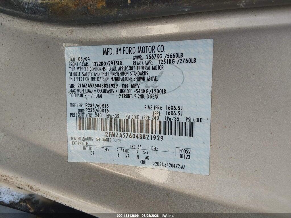 2FMZA57604BB21929 2004 FORD FREESTAR photo no. 9