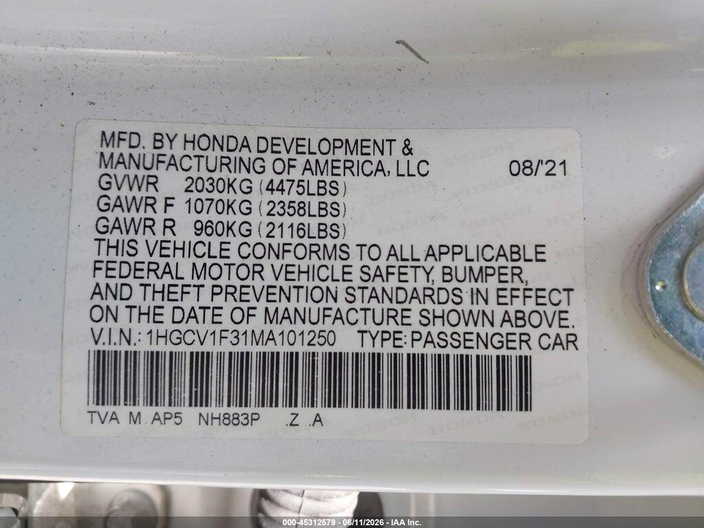 1HGCV1F31MA101250 2021 HONDA ACCORD photo no. 9