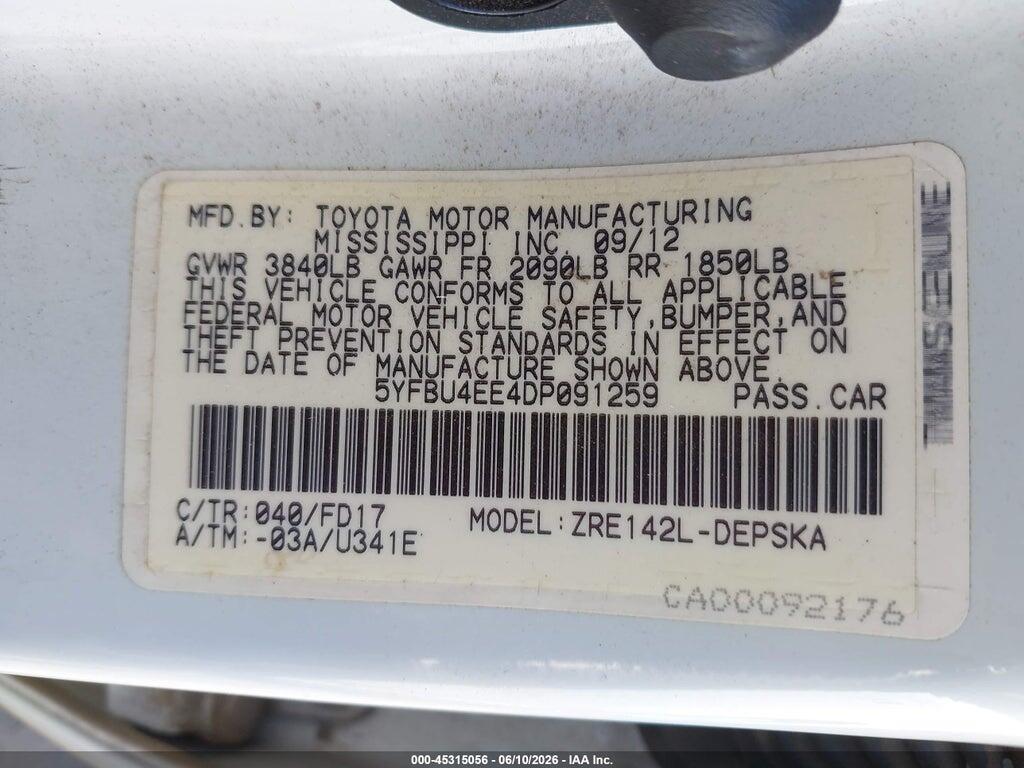 5YFBU4EE4DP091259 2013 TOYOTA COROLLA photo no. 9