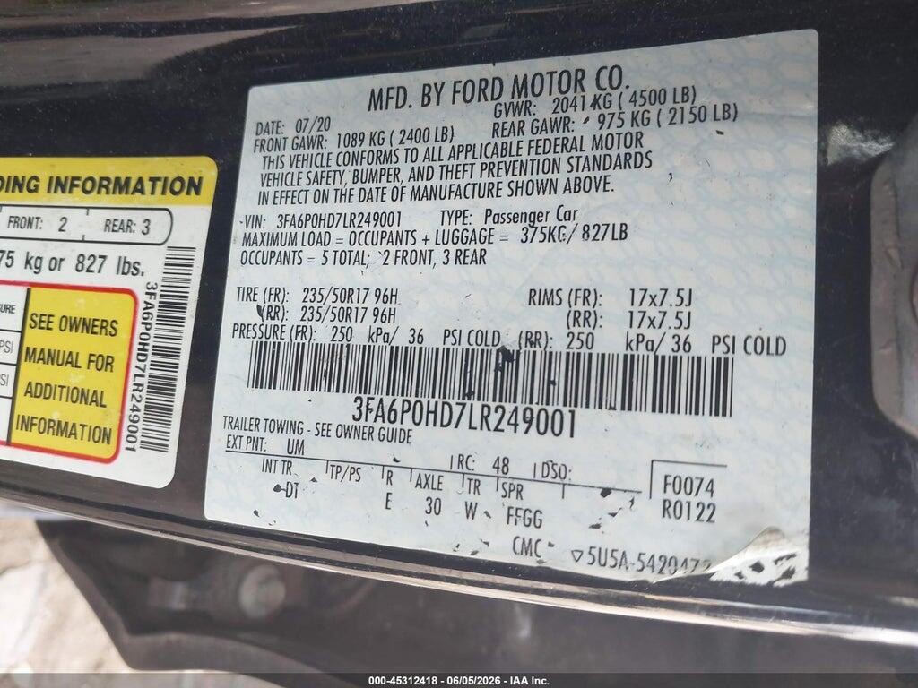 3FA6P0HD7LR249001 2020 FORD FUSION photo no. 9