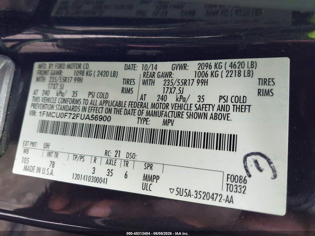 1FMCU0F72FUA56900 2015 FORD ESCAPE photo no. 9