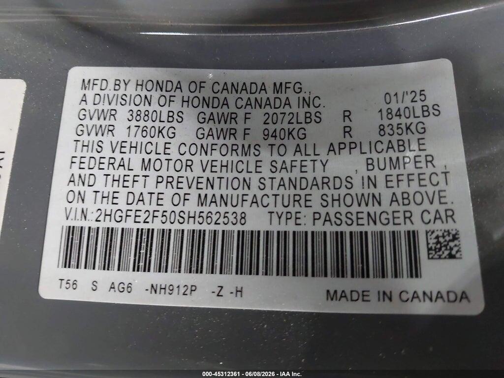 2HGFE2F50SH562538 2025 HONDA CIVIC photo no. 9