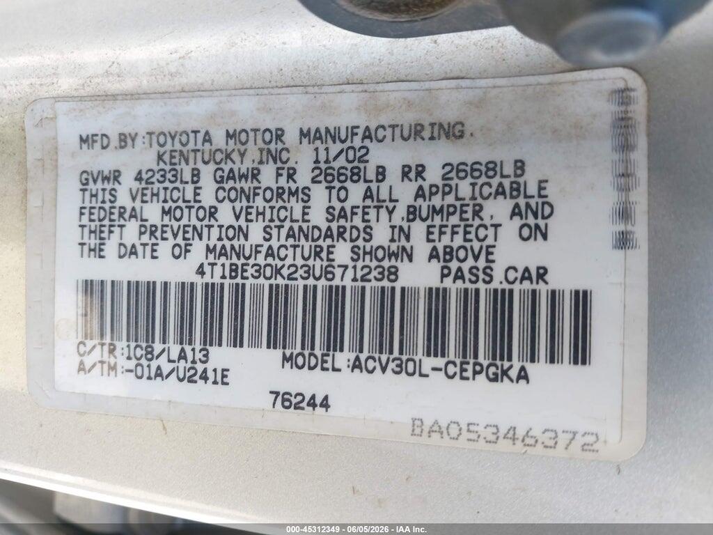 4T1BE30K23U671238 2003 TOYOTA CAMRY photo no. 9