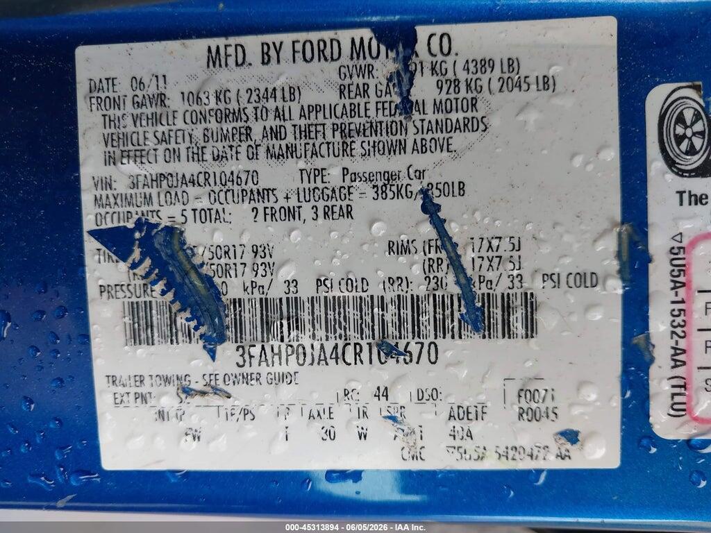 3FAHP0JA4CR104670 2012 FORD FUSION photo no. 9