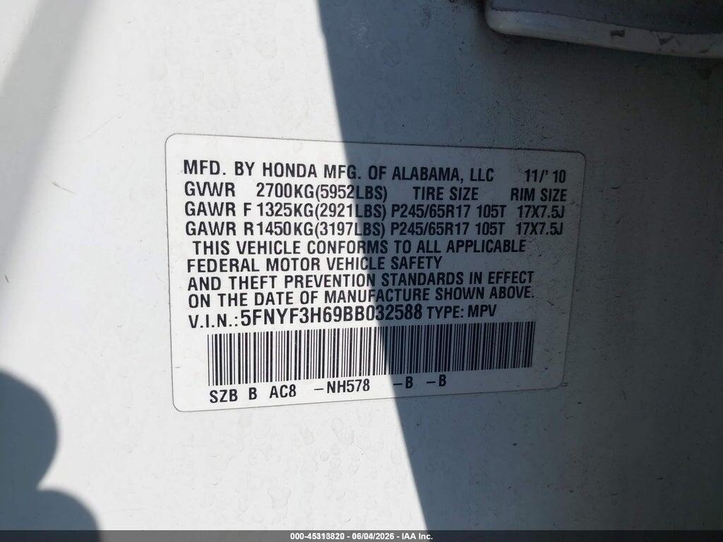 5FNYF3H69BB032588 2011 HONDA PILOT photo no. 9