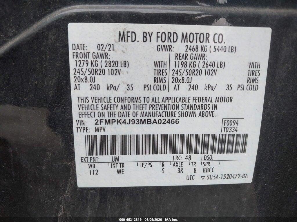2FMPK4J93MBA02466 2021 FORD EDGE photo no. 9