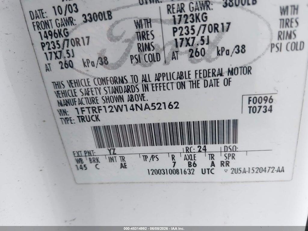 1FTRF12W14NA52162 2004 FORD F-150 photo no. 9