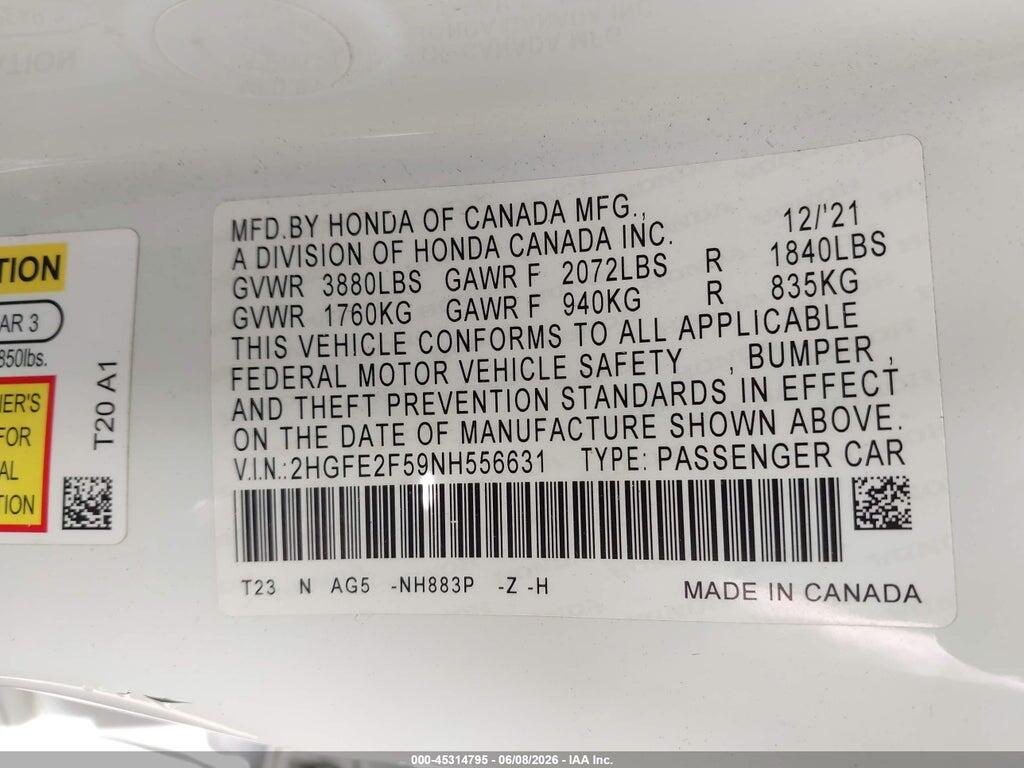 2HGFE2F59NH556631 2022 HONDA CIVIC photo no. 9
