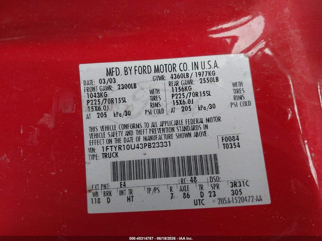 1FTYR10U43PB23331 2003 FORD RANGER photo no. 9