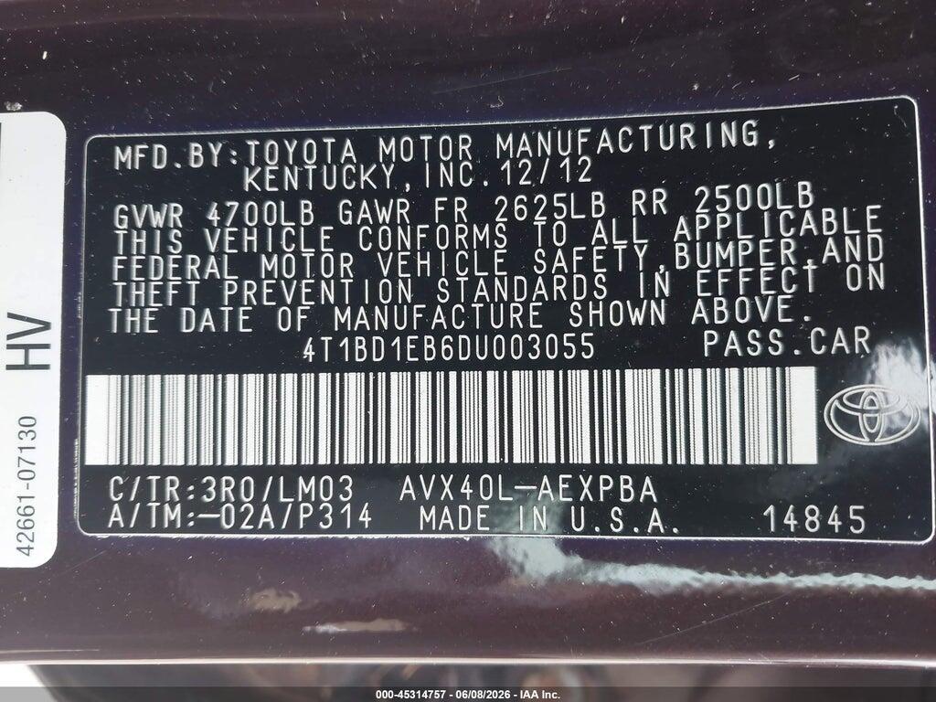4T1BD1EB6DU003055 2013 TOYOTA AVALON HYBRID photo no. 9