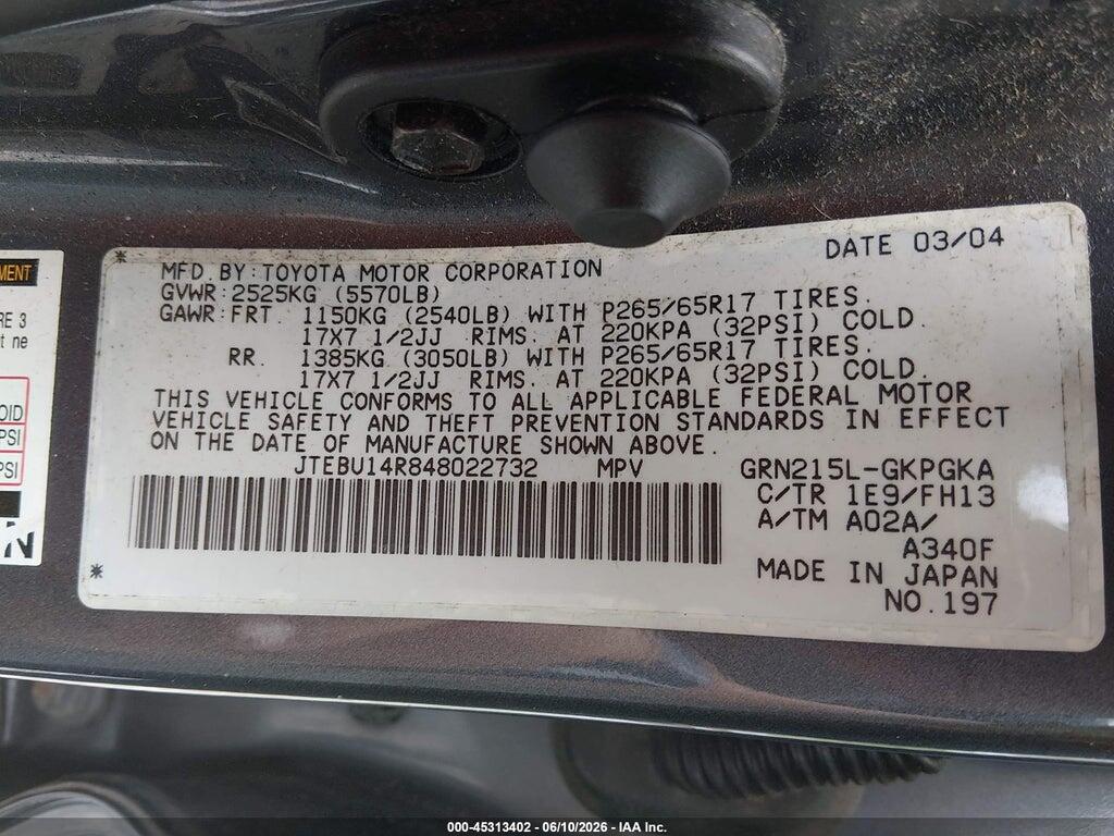 JTEBU14R848022732 2004 TOYOTA 4RUNNER photo no. 9