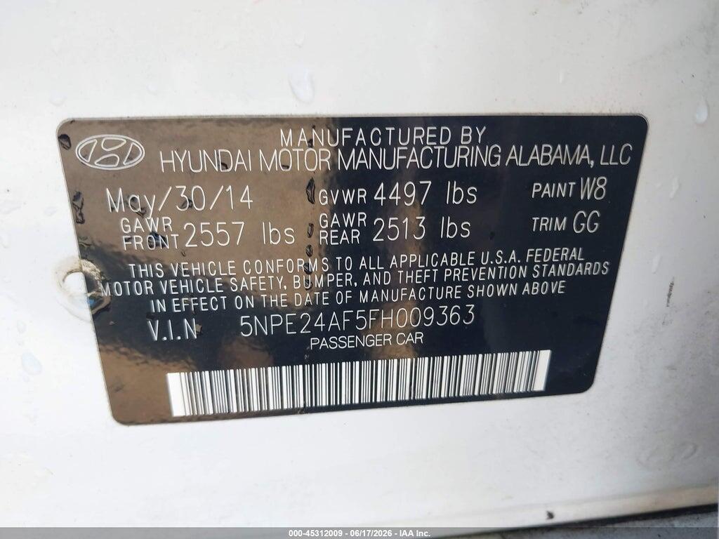 5NPE24AF5FH009363 2015 HYUNDAI SONATA photo no. 9