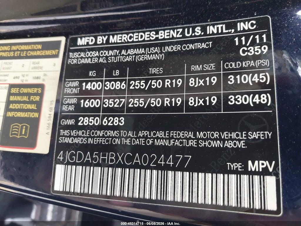 4JGDA5HBXCA024477 2012 MERCEDES-BENZ ML 350 photo no. 9