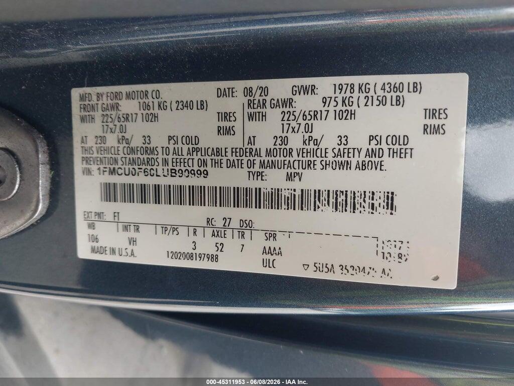1FMCU0F60LUB90999 2020 FORD ESCAPE photo no. 9
