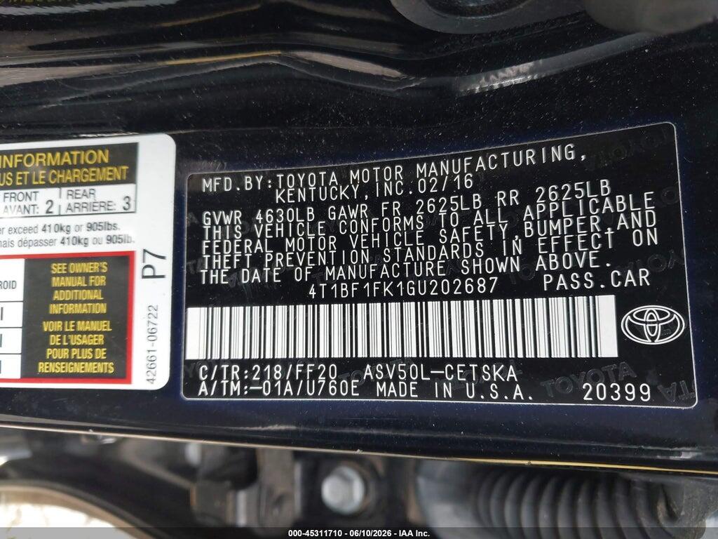 4T1BF1FK1GU202687 2016 TOYOTA CAMRY photo no. 9