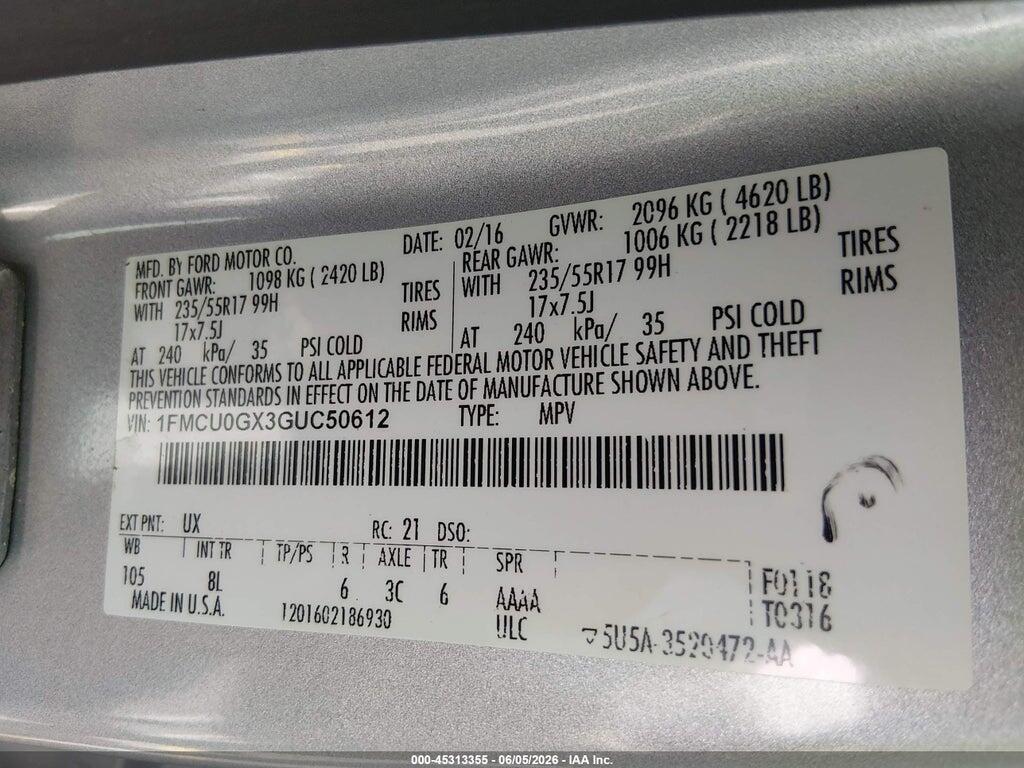 1FMCU0GX3GUC50612 2016 FORD ESCAPE photo no. 9
