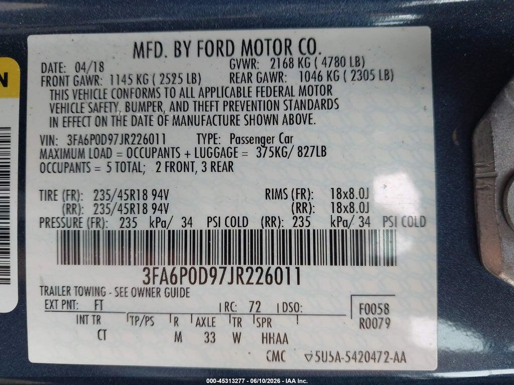 3FA6P0D97JR226011 2018 FORD FUSION photo no. 9