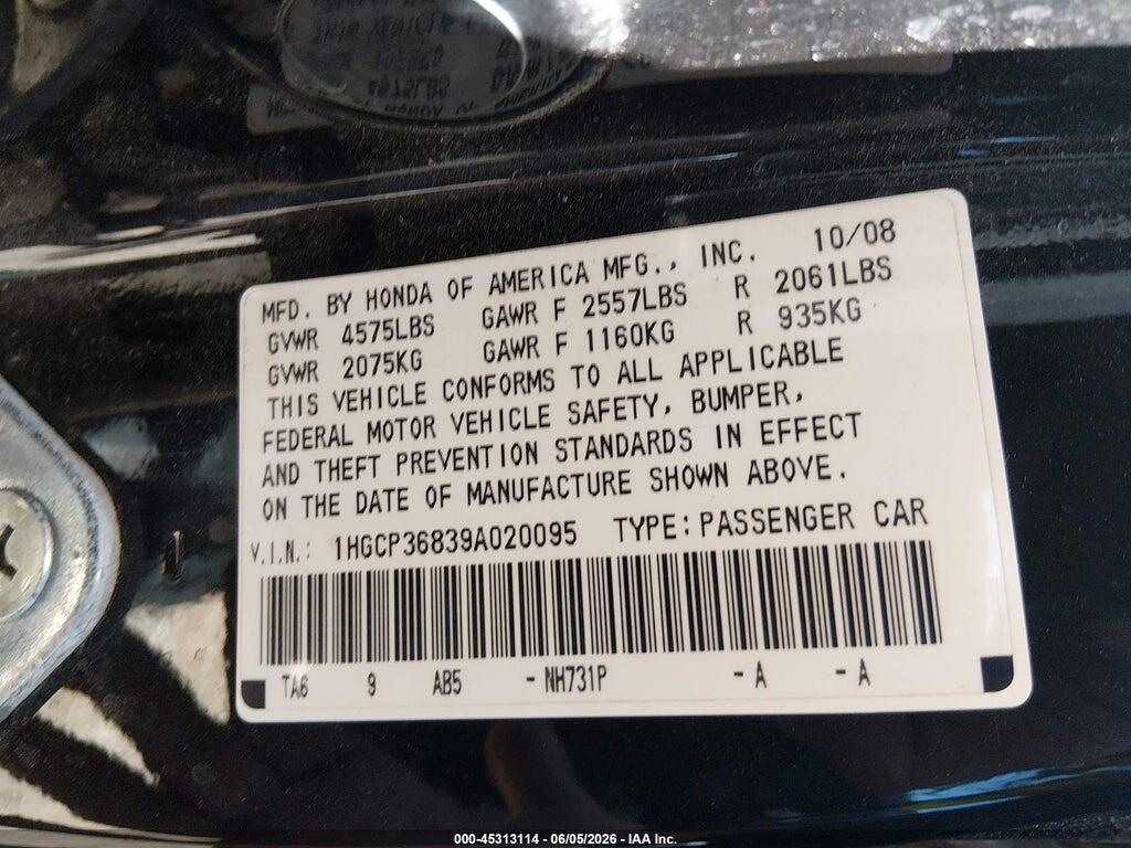 1HGCP36839A020095 2009 HONDA ACCORD photo no. 9